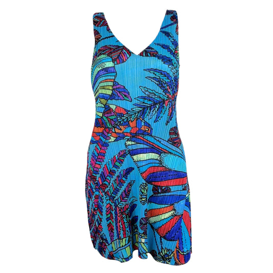 Issey Miyake Pleats Please Blue Floral Butterfly Print Mini Dress