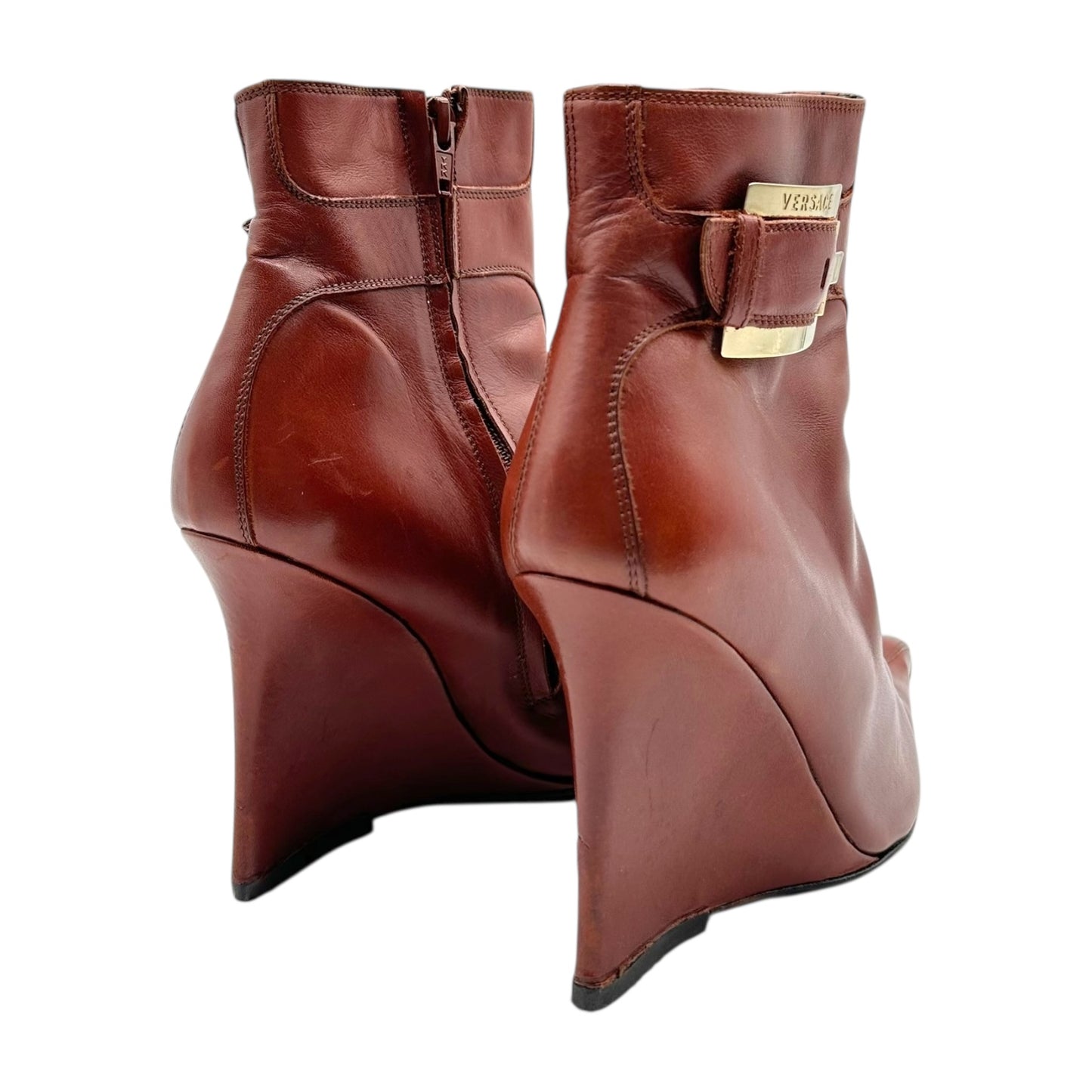 Versace Brown Leather Wedge Heel Booties