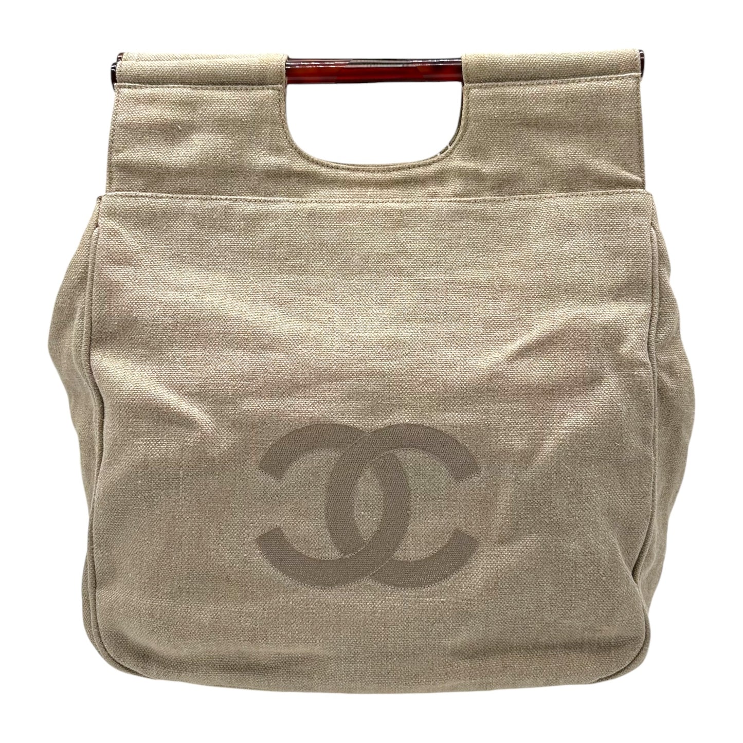 Chanel Large Beige Fabric & Plastic Handle Logo Clutch Bag 1996-97