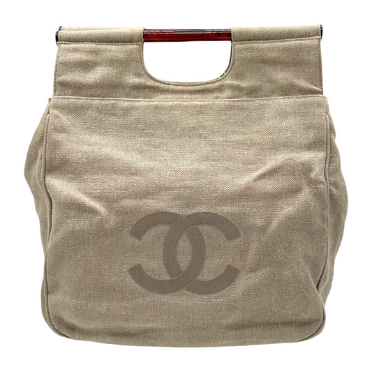 Chanel Large Beige Fabric & Plastic Handle Logo Clutch Bag 1996-97