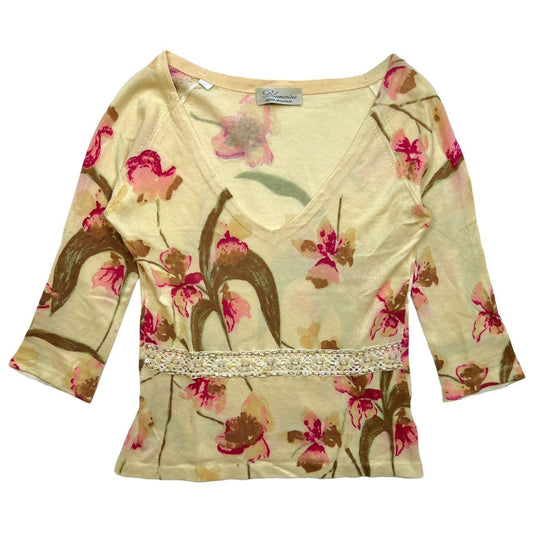 Blumarine By Anna Molinari Ivory Floral Printed V-Neck Sweater with 1/2 Length Sleeves and Crochet and Beaded Waist - Outfit Repeater