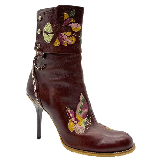 Christian Dior Brown Leather Embroidered Floral Heeled Boots - Outfit Repeater