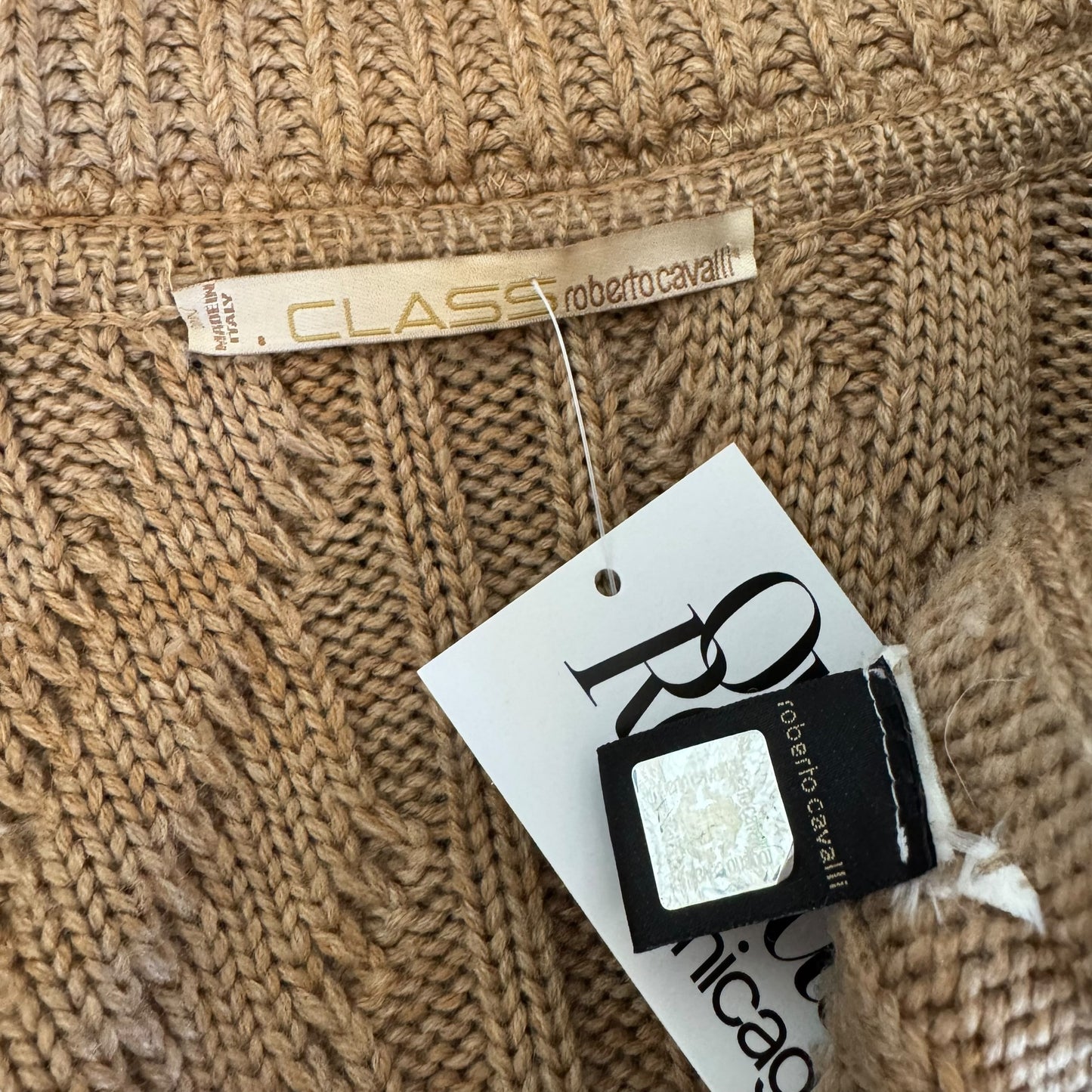 Roberto Cavalli Class Tan Mongolian Sheep Fur Trim Oversized Cardigan