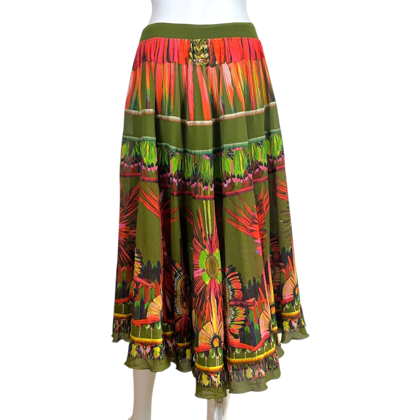 Jean Paul Gaultier Soleil Olive Green Multi Tropical Print Mesh Tiered Maxi Skirt