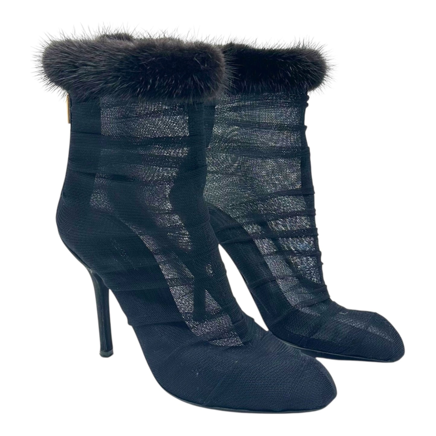 Dolce & Gabbana Black Semi-Sheer Fur Trim Heeled Boots