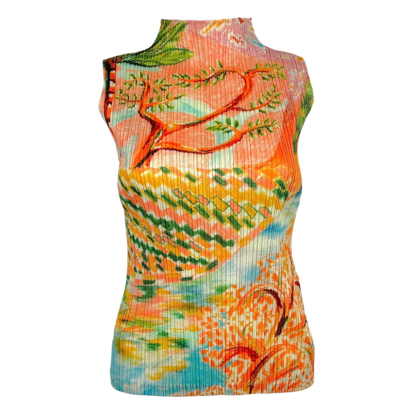Issey Miyake Pleats Please Multicolor Abstract Landscape Print Pleated Mock Neck Tank