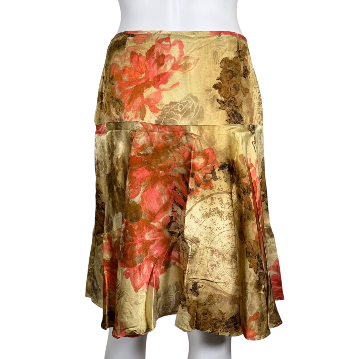 Galliano Ivory Silk Floral & Kanji Print Midi Skirt