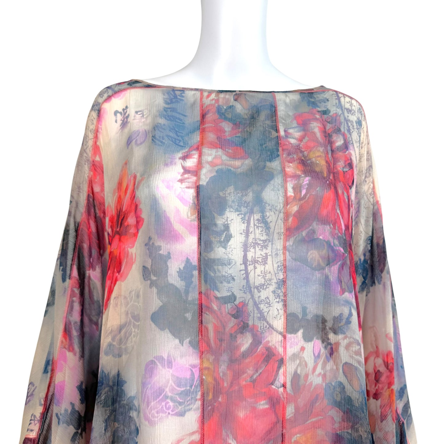 Galliano Sheer Silk Floral Blouse Top Gray Multi XS