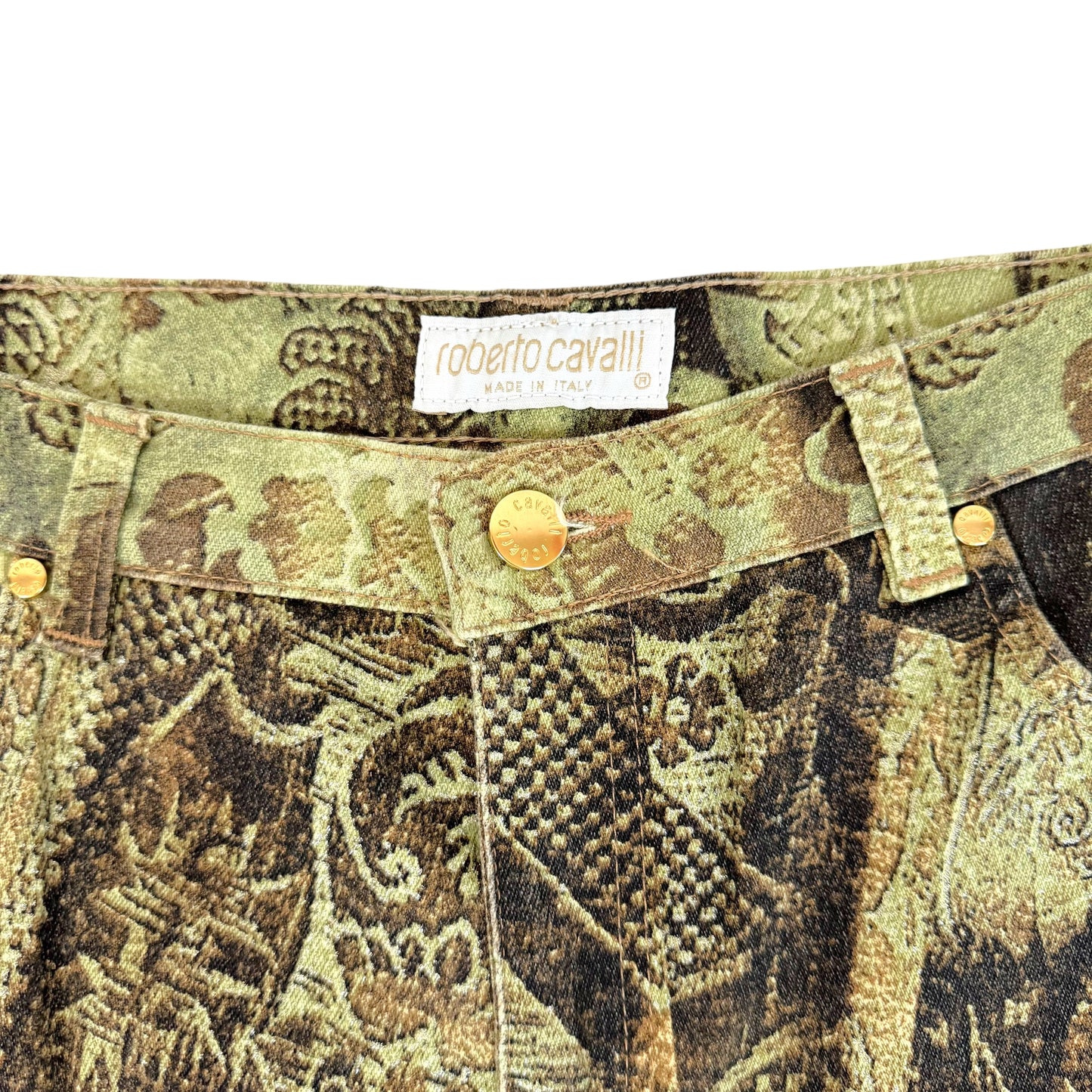 Roberto Cavalli Green Metallic Damask Printed Jeans