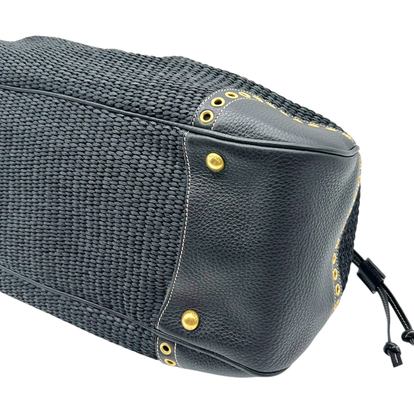 Prada Navy Blue Raffia Rivet Studded Doctors Handbag