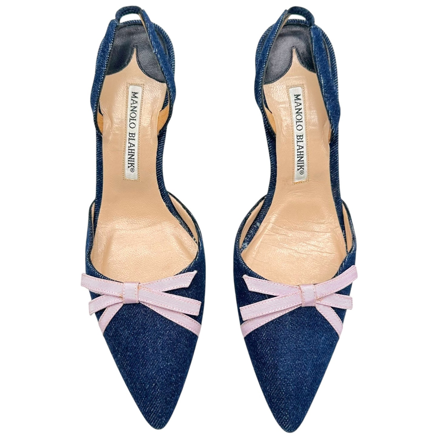 Manolo Blahnik Denim & Pink Bow Slingback Heels