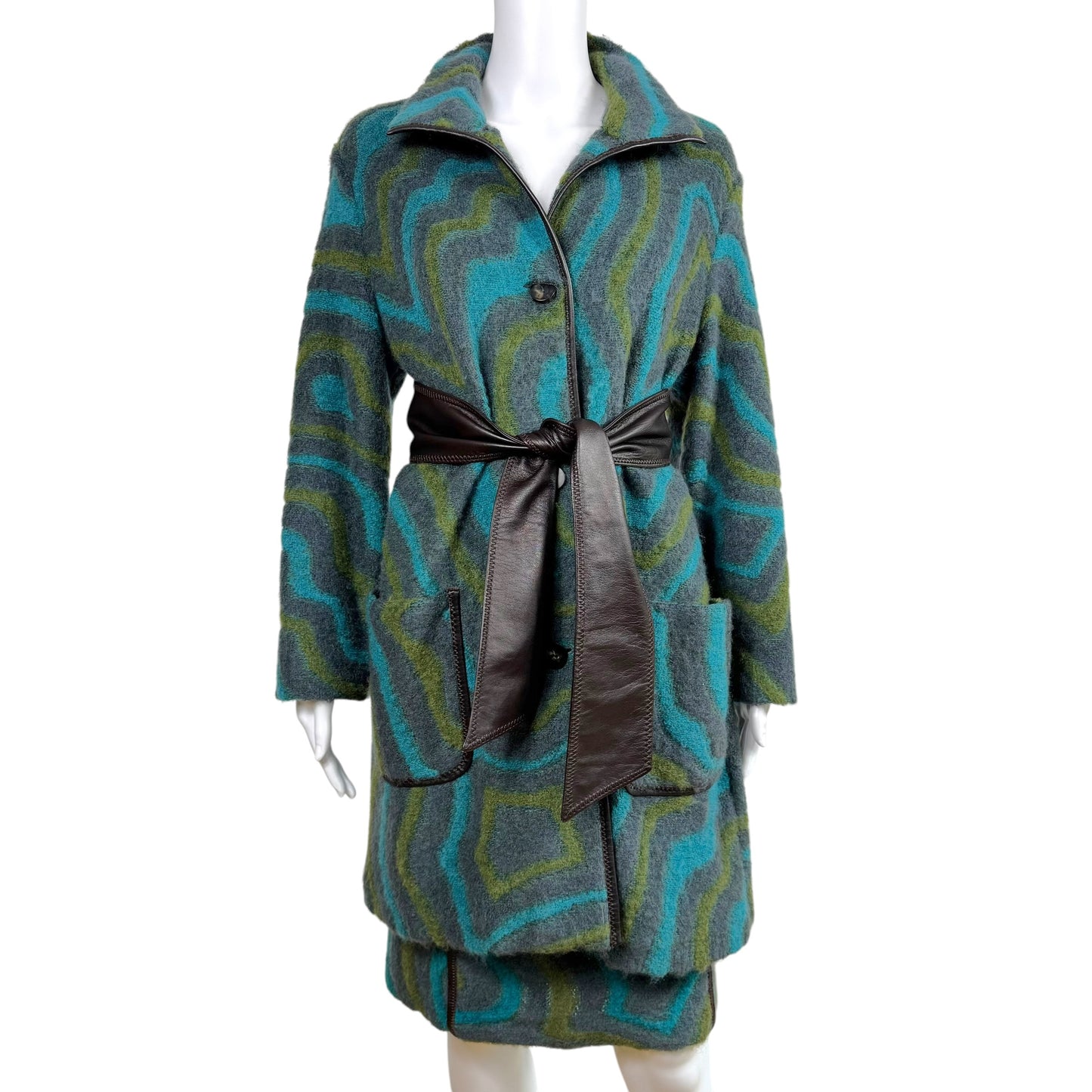 Missoni Blue & Green Mohair & Leather Coat & Midi Skirt Set