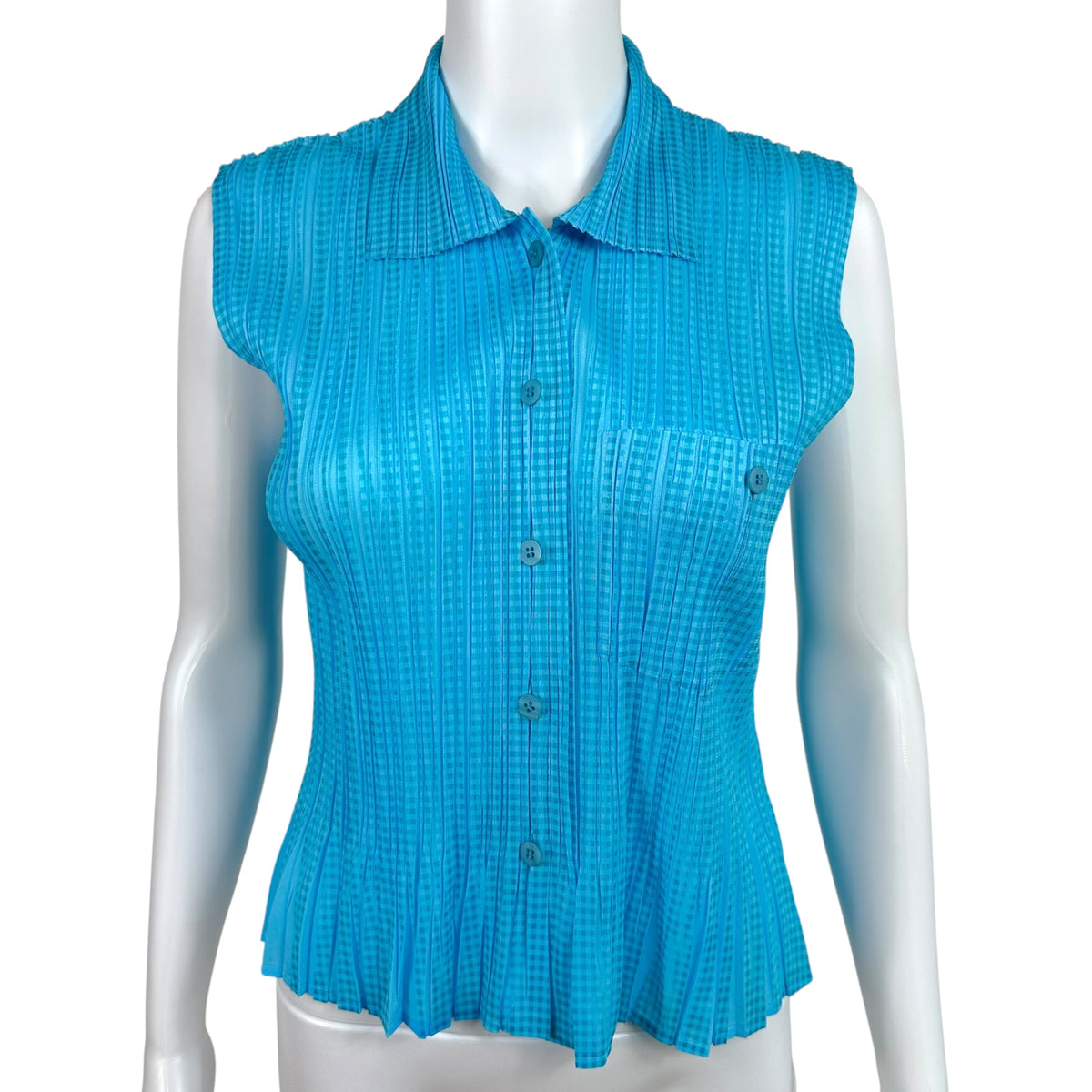 Issey Miyake Button Up Blouse Turquoise Check Plaid Sz 3