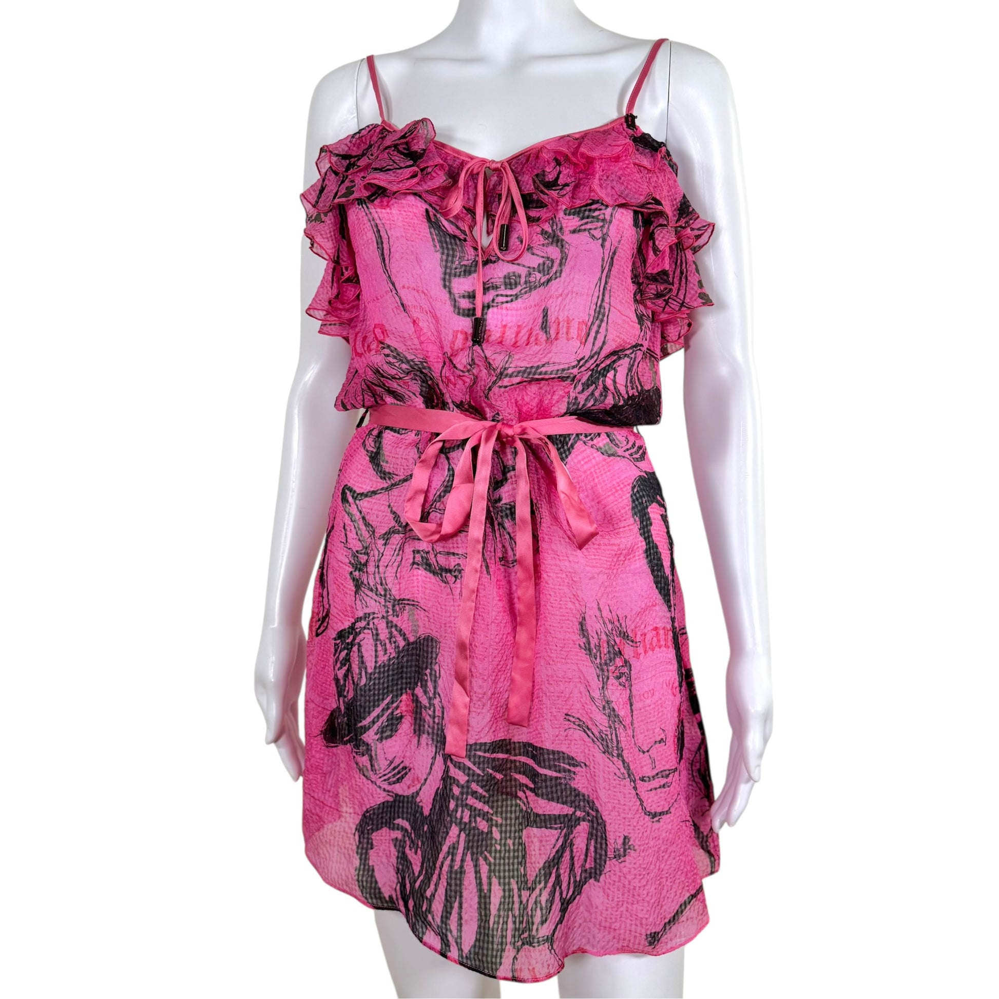 Galliano Sheer Silk Mini Dress Pink Black Gazette Print