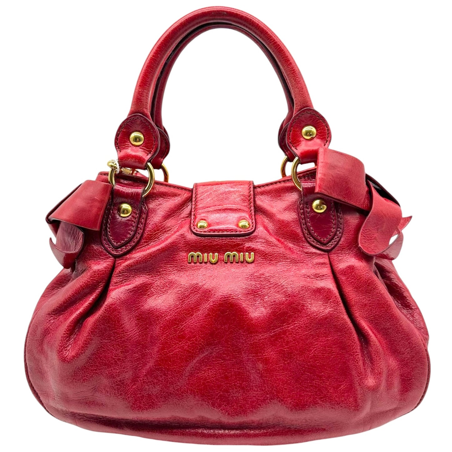 Miu Miu Red & Gold Bow Embellished 2-Way Small Bowler Bag
