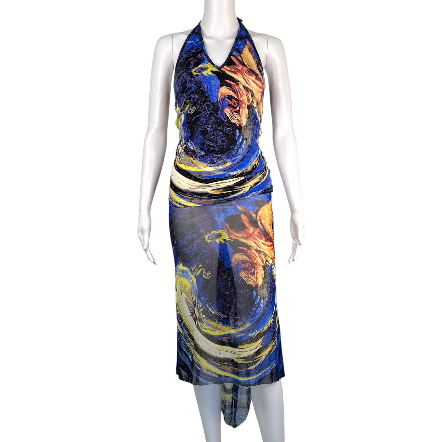Jean Paul Gaultier Blue Swirl Print Halter Midi Skirt Set