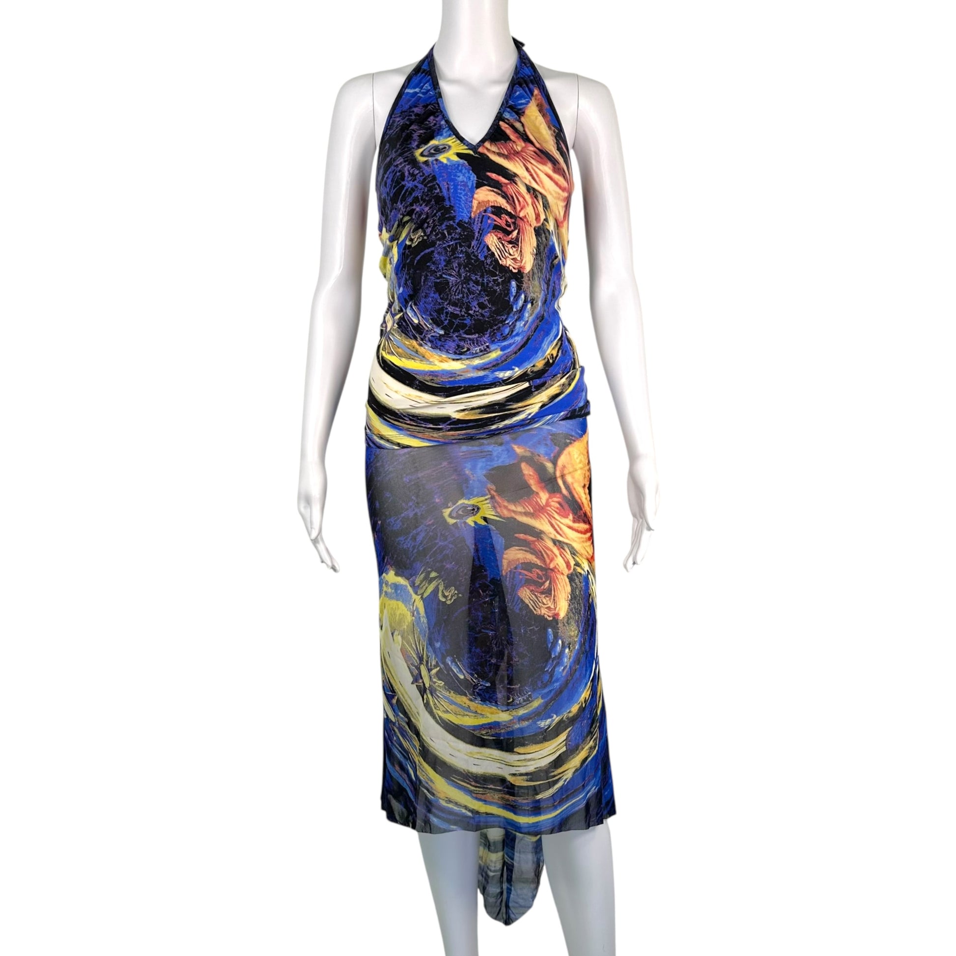 Jean Paul Gaultier Blue Swirl Print Halter Midi Skirt Set