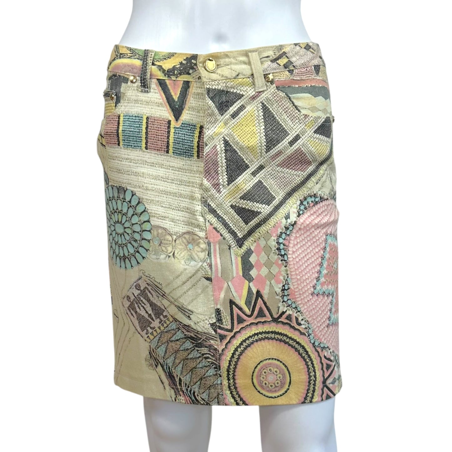 Roberto Cavalli S/S 2003 Glitter & Pastel Printed Denim Midi Skirt