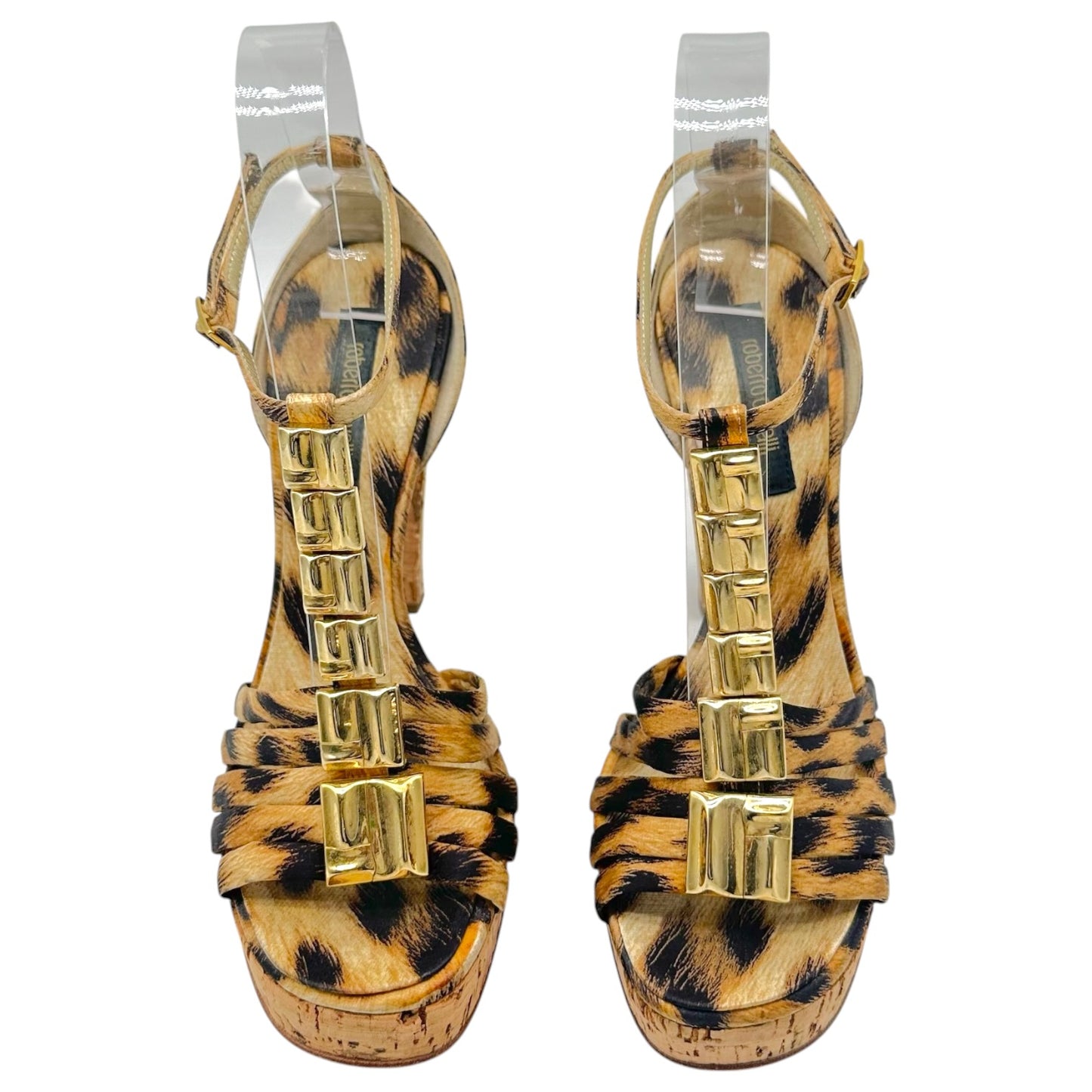 Roberto Cavalli Leopard Satin & Gold Embellished Cork Platform Sandal Heels