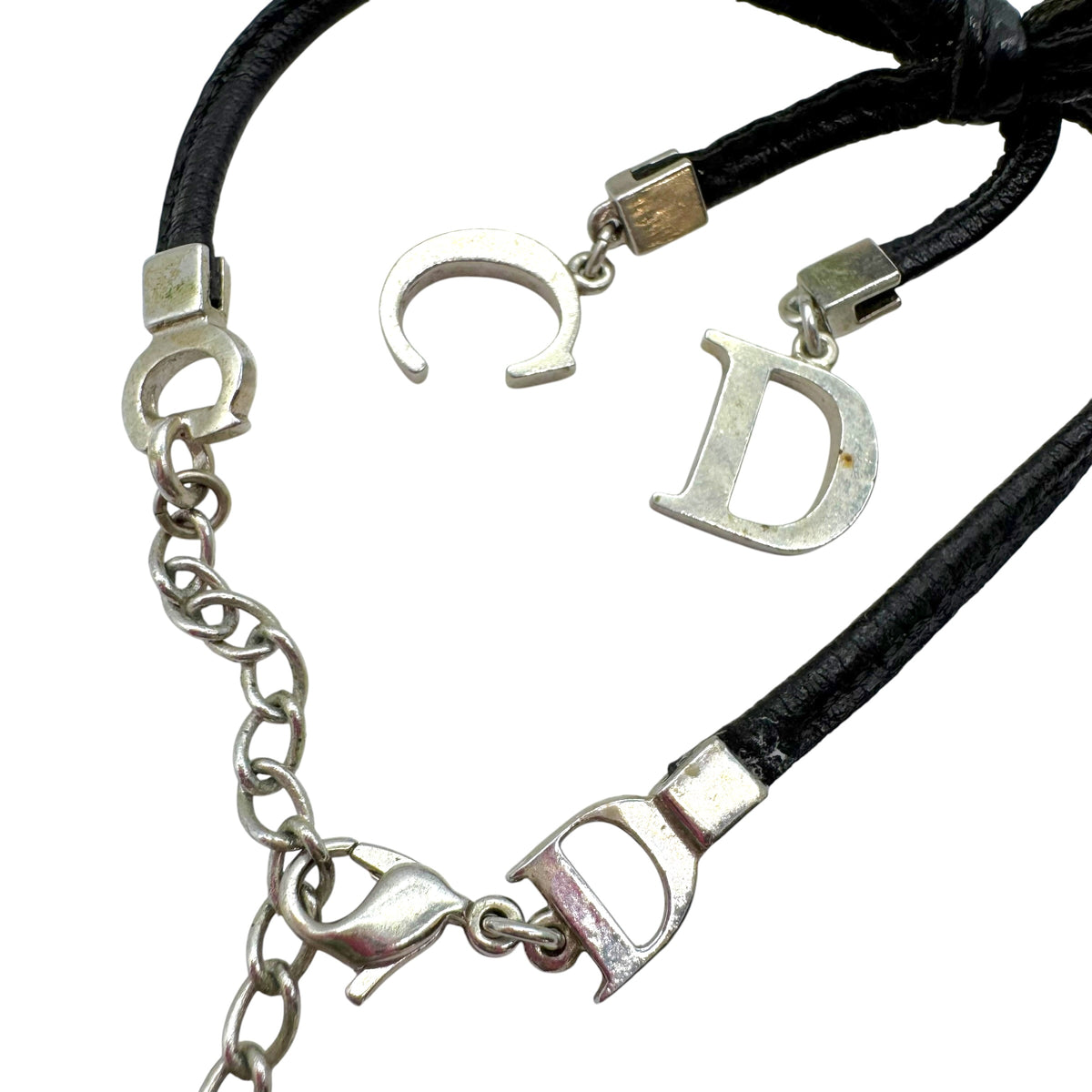 Christian Dior Black Leather Silver CD Logo Charm Bracelet