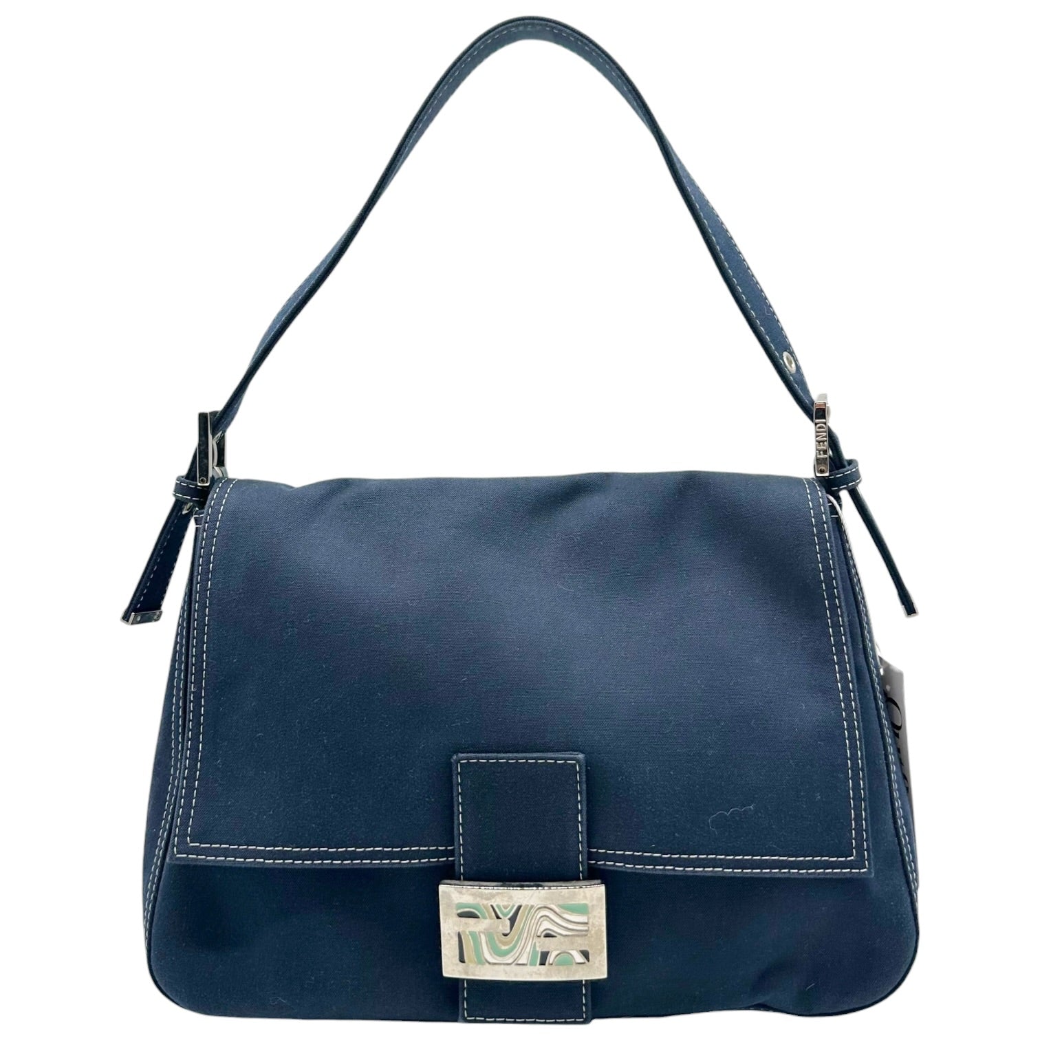 Fendi Navy Blue Canvas Mama Baguette Bag with Enamel Hardware