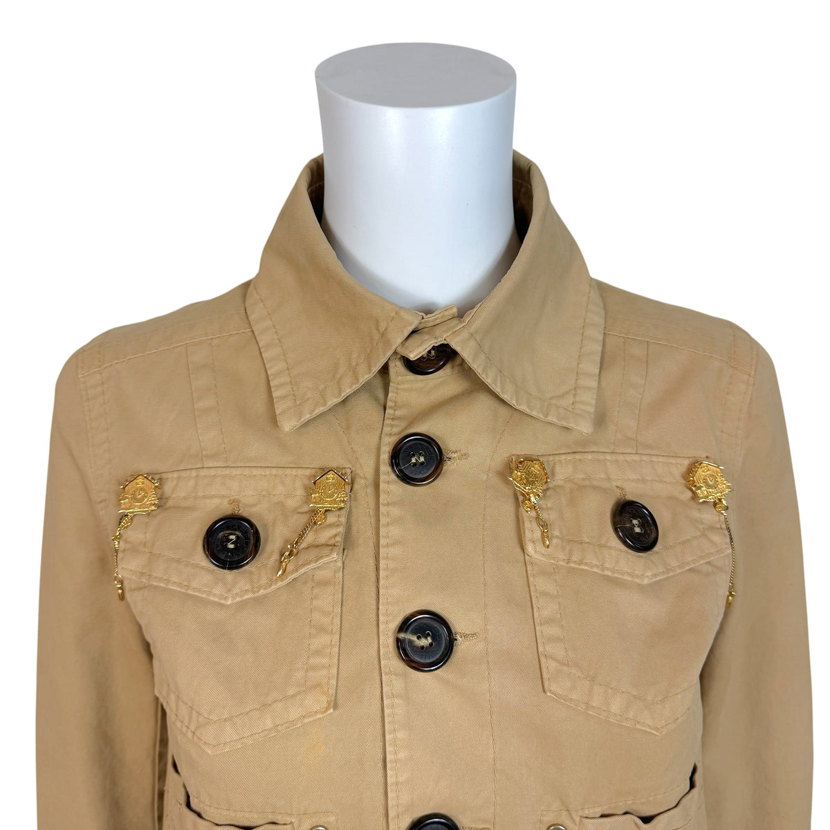 Dsquared2 Tan Logo Embroidered Charm Embellished Cropped 3/4 Sleeve Jacket