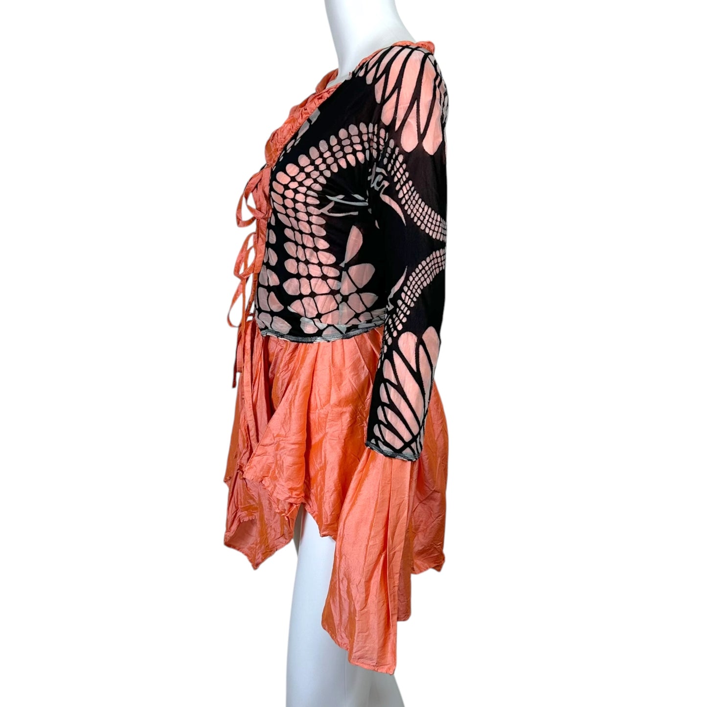 Jean Paul Gaultier Coral Silk & Black Sheer Overlay Tie Front Blouse