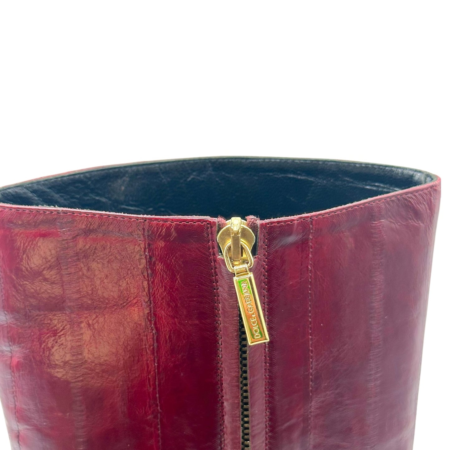 Dolce & Gabbana Burgundy Eel Skin Pointed Toe Knee High Heeled Boots