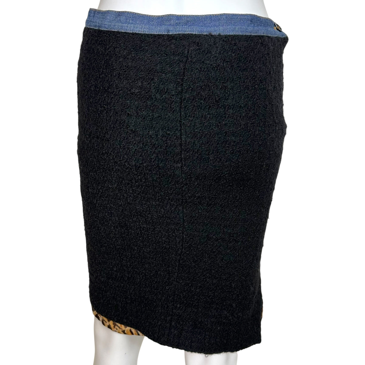 Dolce & Gabbana Black Tweed Denim Leopard Print Midi Skirt