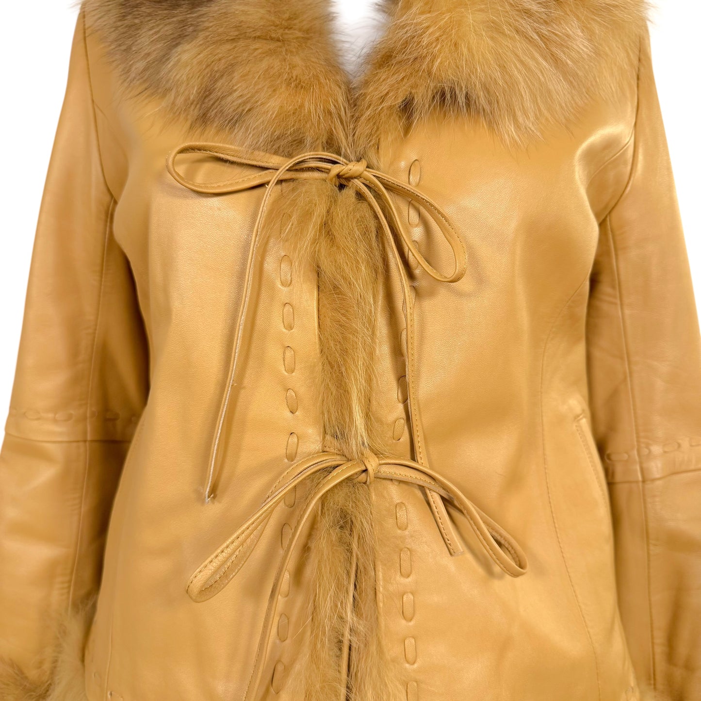 Balmain Tan Lambskin & Fur Tie Front Jacket - Outfit Repeater