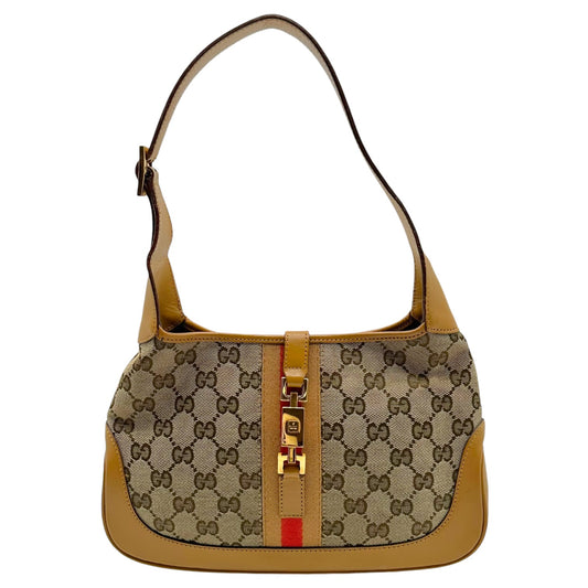 Gucci Tan Monogram Canvas & Stripe Shoulder Jackie Bag