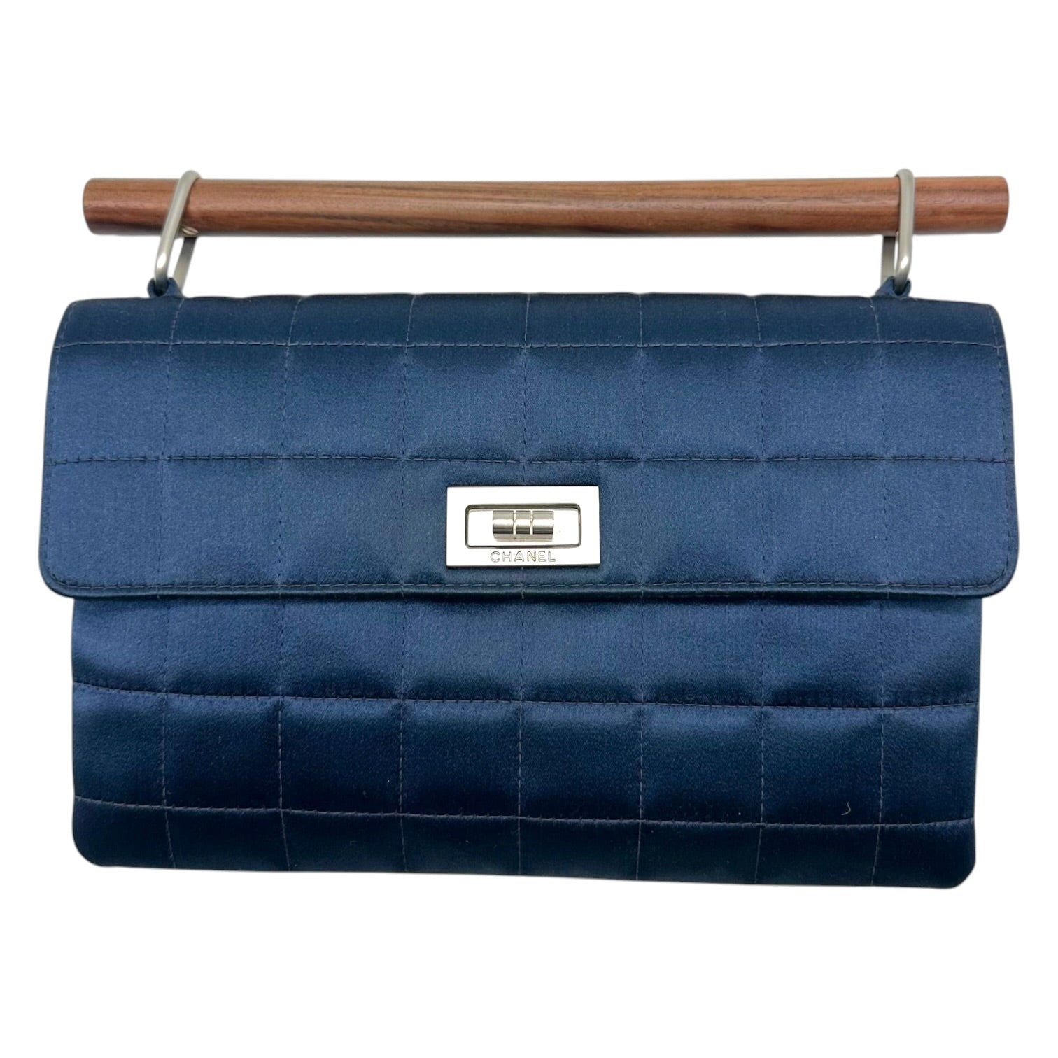 Chanel Blue Satin Quilted Wooden Handle Clutch Handbag