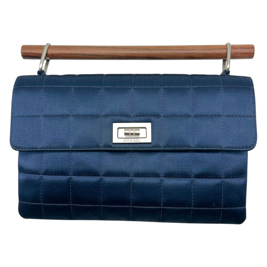 Chanel Blue Satin Quilted Wooden Handle Clutch Handbag