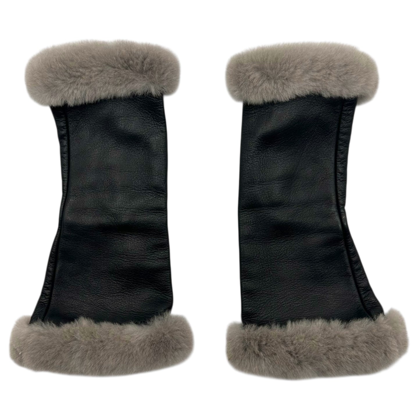 Hermes Gray Rabbit Fur & Black Lambskin Fingerless Gloves