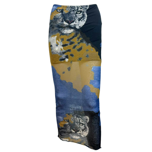 Jean Paul Gaultier Blue Tiger Print Mesh Maxi Skirt