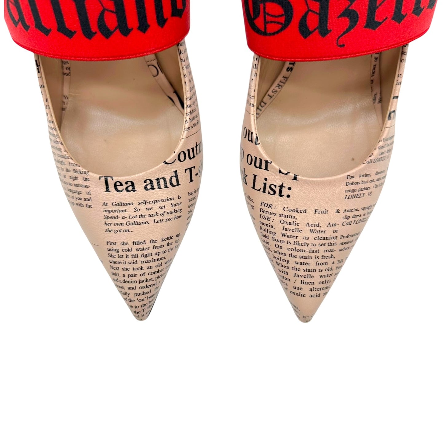 John Galliano Pointed Toe Heels Nude Newsprint Red Straps