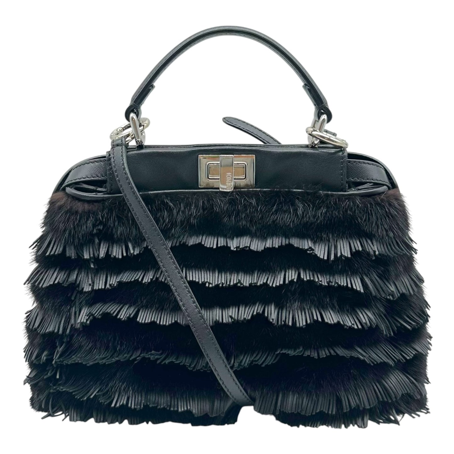 Fendi Mini Peekaboo Bag Black Rabbit Fur Leather Fringe