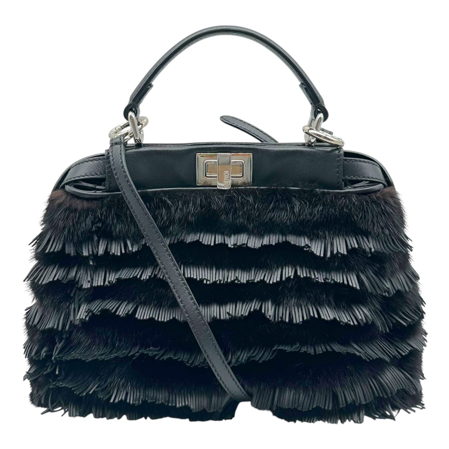 Fendi Mini Peekaboo Bag Black Rabbit Fur Leather Fringe