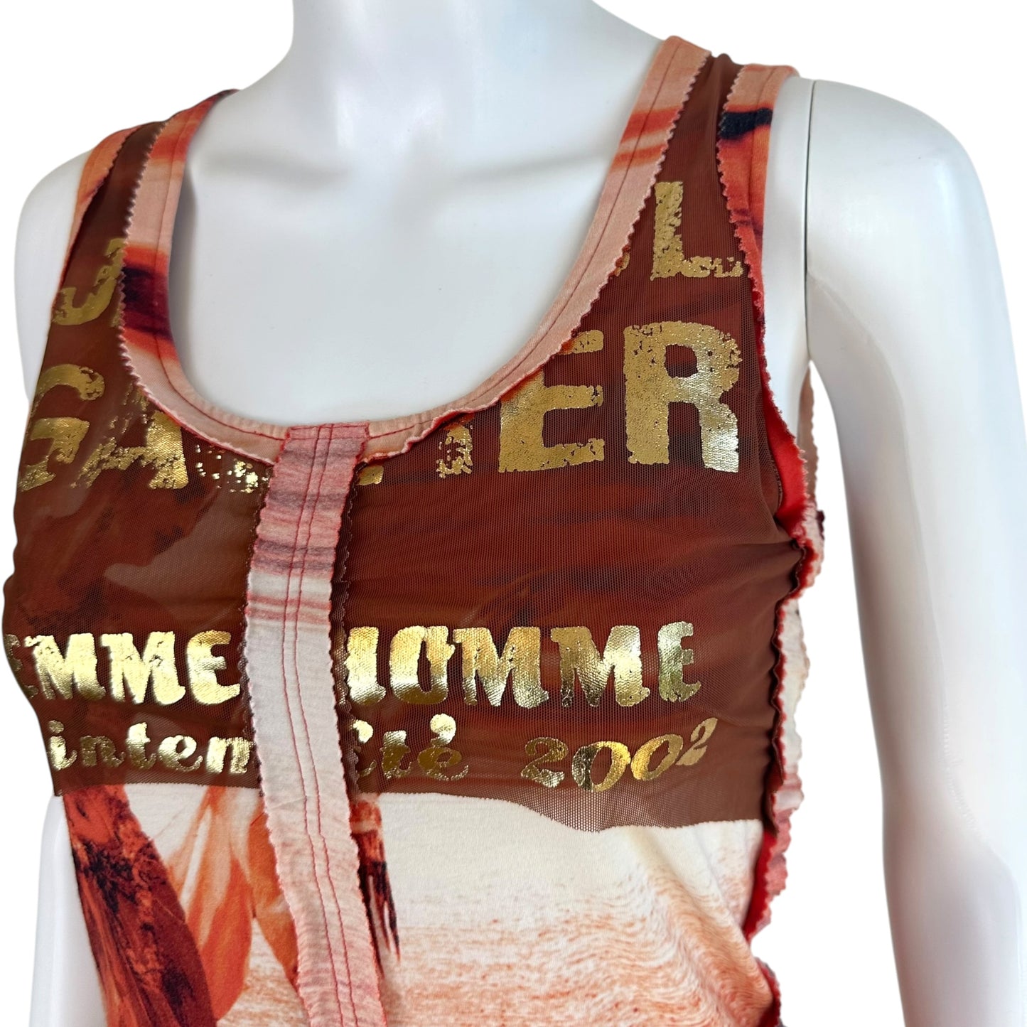 Jean Paul Gaultier Mesh Overlay Tank Orange Burgundy