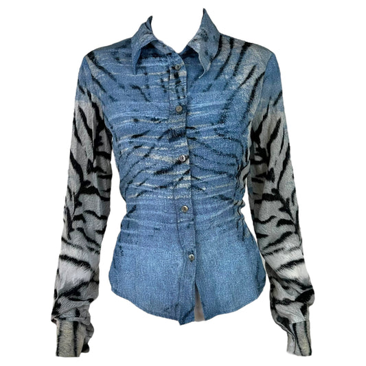 Just Cavalli Roberto Cavalli Blue Tiger Print Blouse