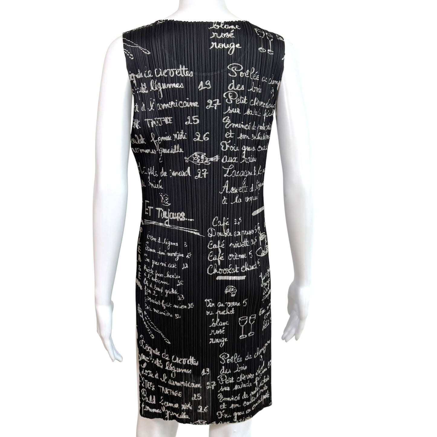 Issey Miyake Pleats Please Black & White Cafe Chalkboard Menu Printed Pleated Sleeveless Dress Sz 3