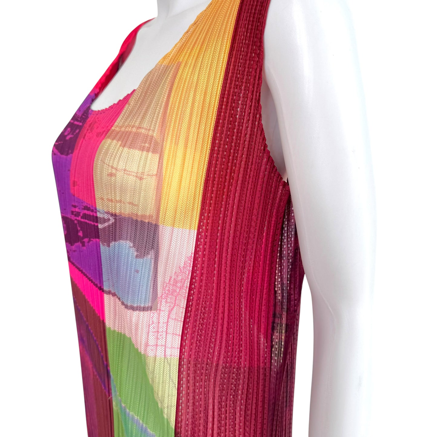 Issey Miyake Pleats Please Neon Multicolor Abstract Print Pleated Mesh Side-Slit Maxi Tunic Top Sz 5
