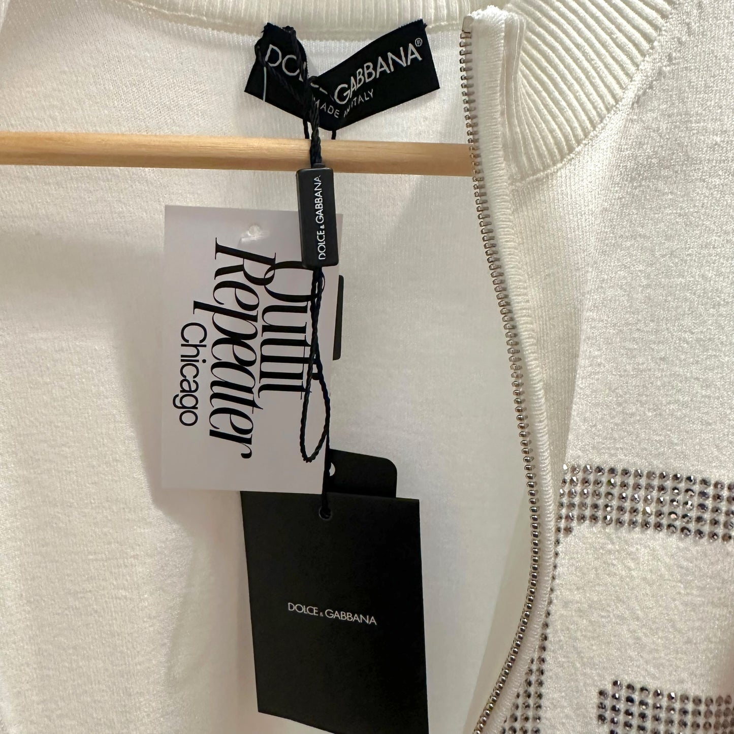 Dolce & Gabbana White Knit Rhinestone Logo Zip Up Cardigan NEW