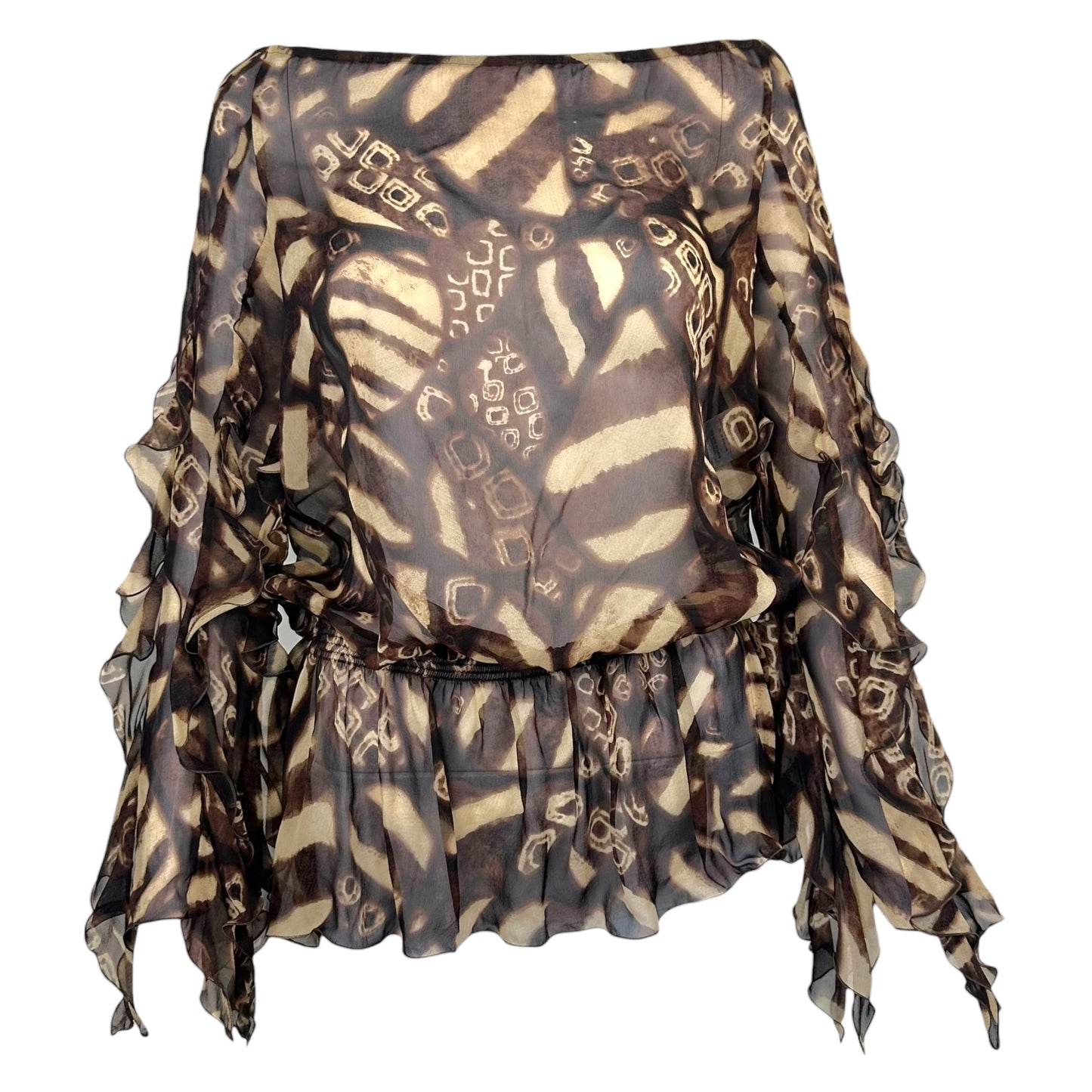 Escada Semi-Sheer Silk Off Shoulder Ruffle Blouse