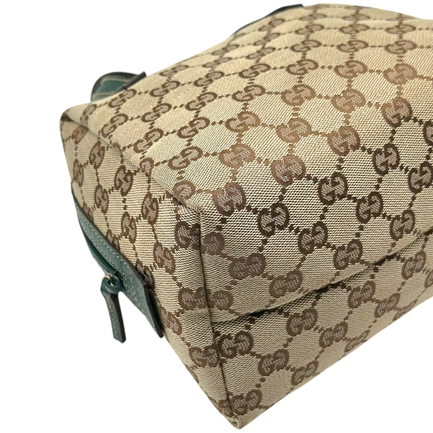 Gucci Tan Monogram & Forest Green Leather Top Handle Pochette Bag