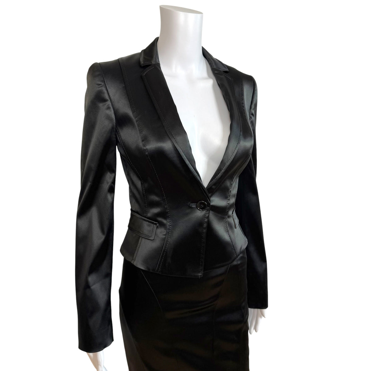 Dolce & Gabbana Black Satin Cropped Blazer Midi Skirt Suit