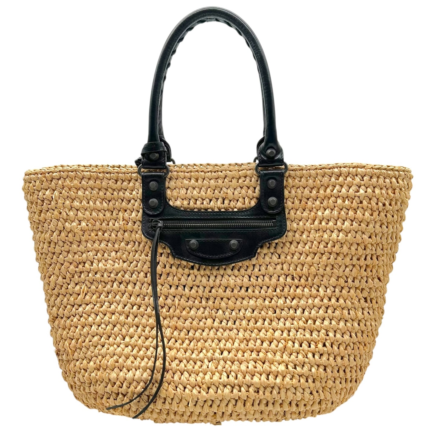 Balenciaga Beach Tote Bag Raffia Black Leather