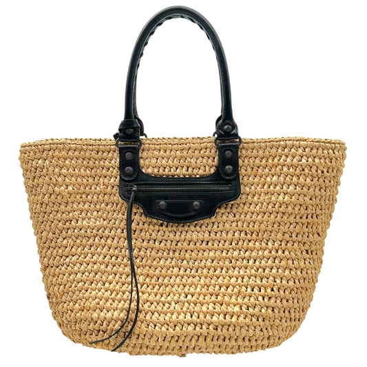Balenciaga Beach Tote Bag Raffia Black Leather