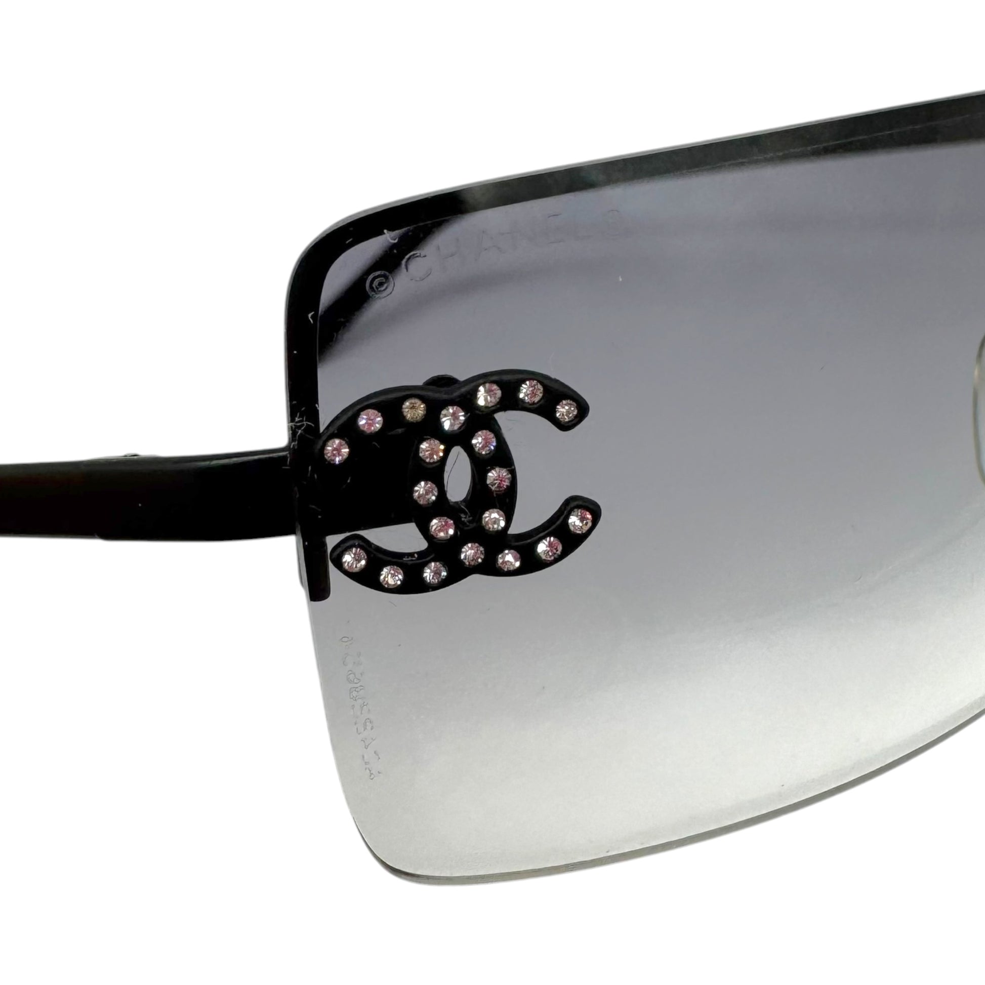 Chanel Rimless Rectangle Sunglasses Black Silver Crystal