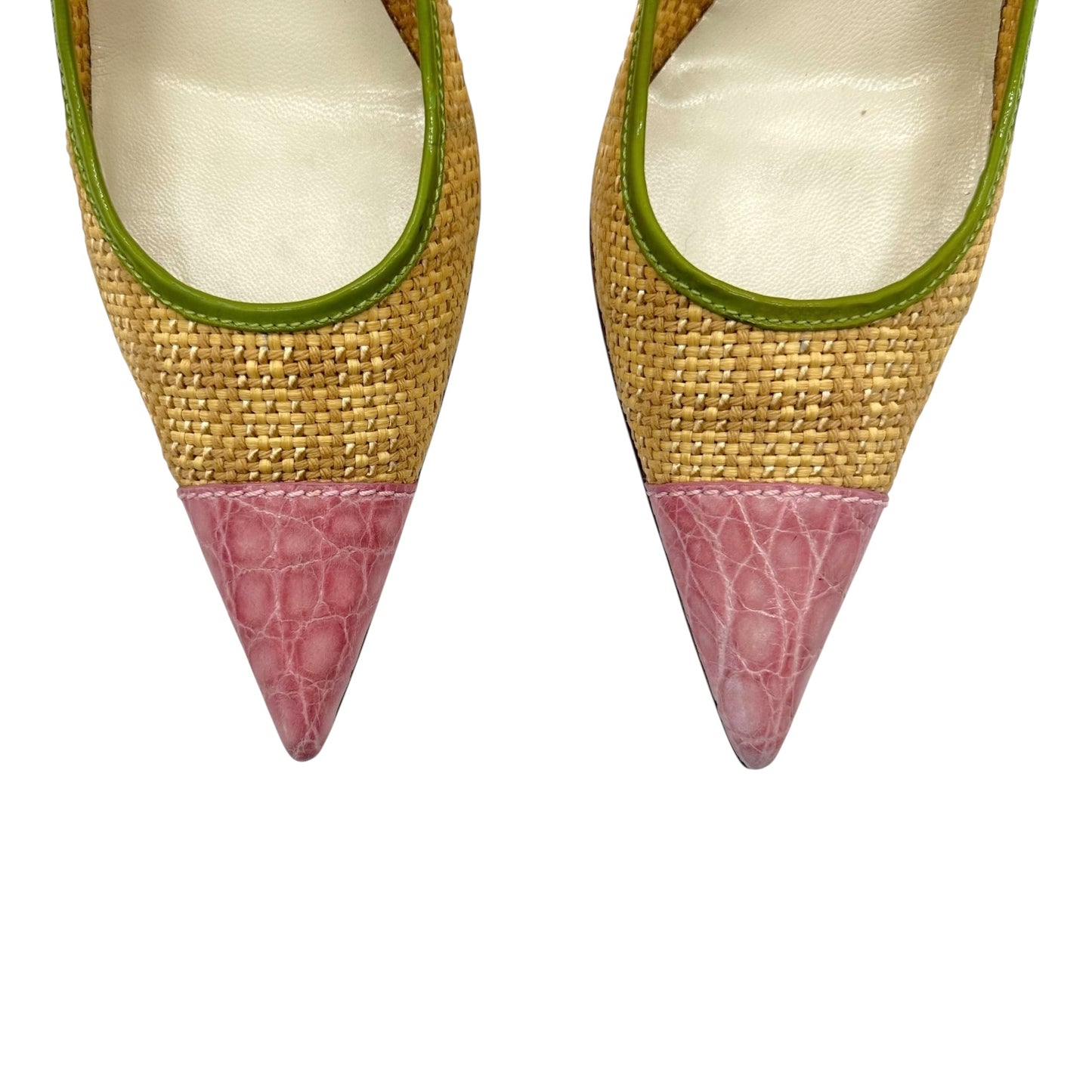 Prada Pink & Green Raffia Pointed Toe Heels - Outfit Repeater
